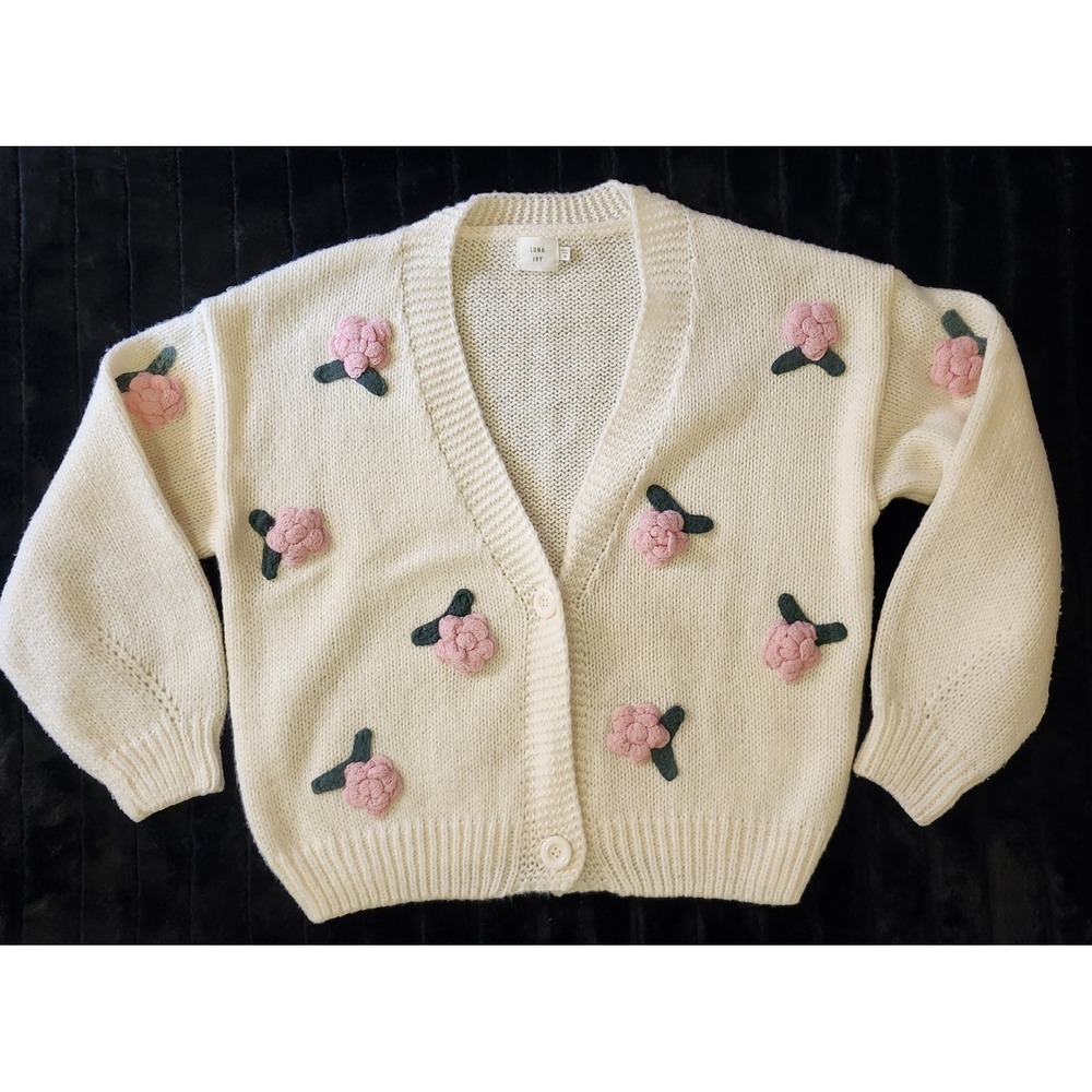 Luna Ivy Womens sweater Cream Floral Applique Button-Front Cardigan NWOT